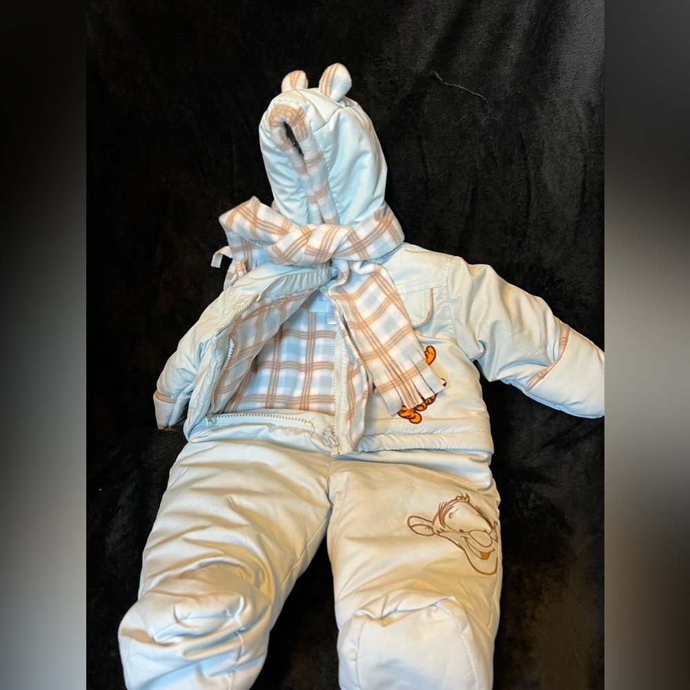 Blue two-piece detachable baby snowsuit 0 to 6 months.